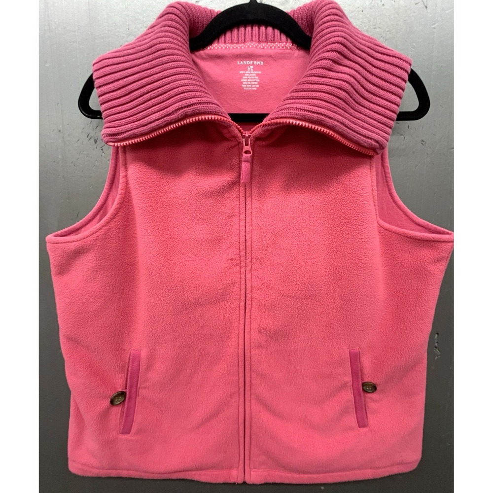 Lands End Vest Women‎ L Pink Fleece Collared Pockets Hiking Athleisure Preppy